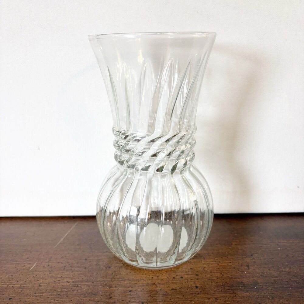 Indiana Glass Clear Swirl Crystal Vase #31479 6.5" Vintage Made In USA